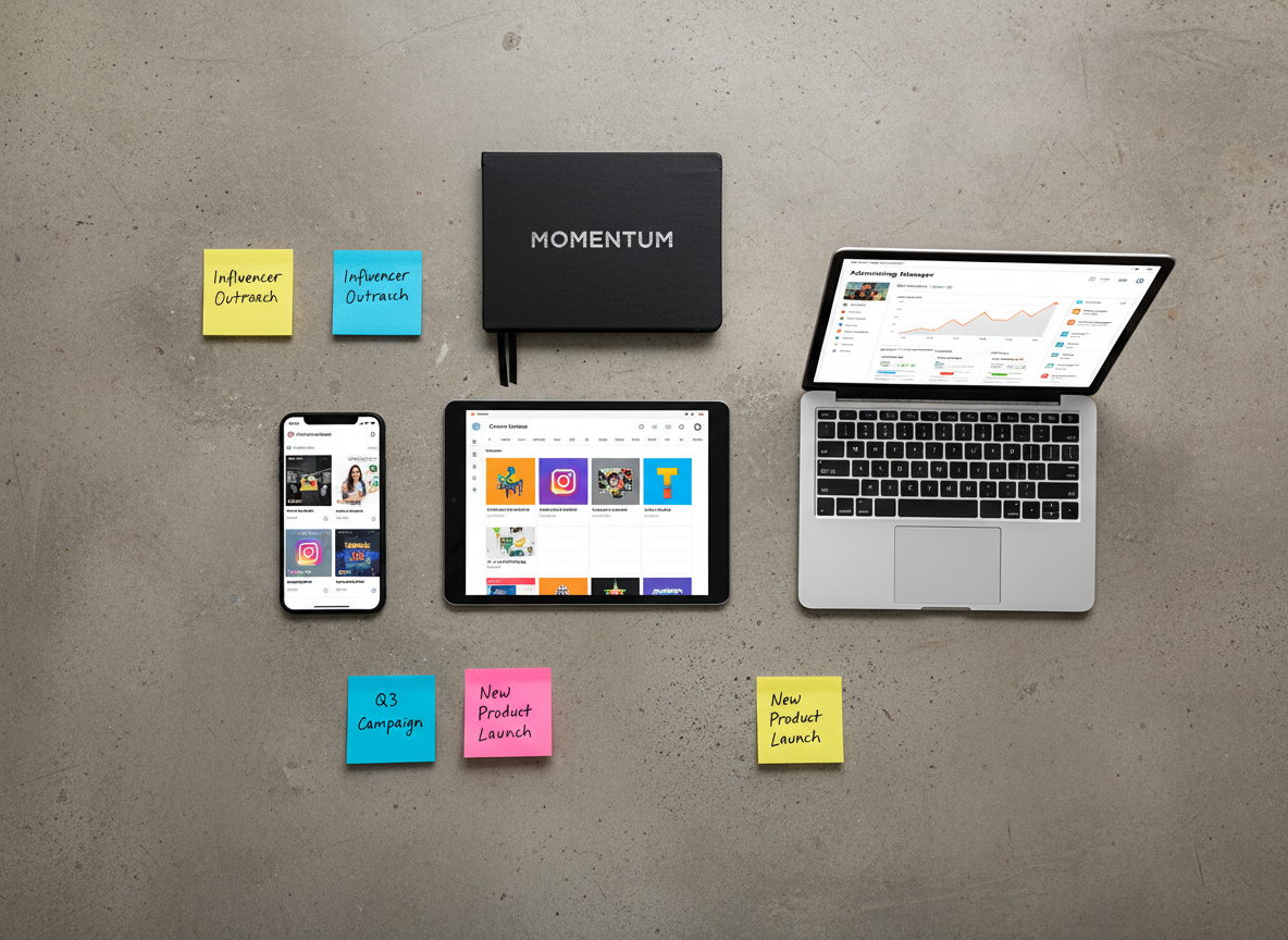 An array of digital devices arranged in a dynamic flat lay on a textured concrete surface: a tablet showing a social media content calendar filled with bold post thumbnails, a smartphone with scheduled Instagram and TikTok posts, and a slim laptop with a live ad manager dashboard boasting rising ROI graphs. Colorful sticky notes with campaign ideas and a glossy black notebook with the word “Momentum” embossed in silver add texture. Overhead softbox lighting casts even, crisp illumination with defined yet gentle shadows, amplifying contrast between dark and bright elements. Photographed from a true bird’s-eye view with sharp focus across the frame, the mood is energetic, strategic, and organized, reflecting the bold personality of a forward-thinking marketing agency.