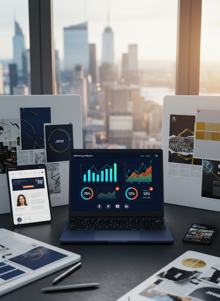 A sleek, midnight-blue laptop displaying a bold marketing analytics dashboard with vivid graphs, ad performance metrics, and social media icons, sitting on a matte black desk. Around it are neatly arranged brand mood boards, a tablet showing a high-conversion landing page, and a smartphone with active social feeds. A large city skyline glows through floor-to-ceiling windows, slightly blurred. Cool daylight mixes with a subtle golden hour glow, creating sharp, confident highlights. Shot at eye level with a shallow depth of field, emphasizing the laptop screen as the hero. The mood is bold, data-driven, and high-energy, in a clean, photographic realism style that conveys momentum and modern digital marketing power.