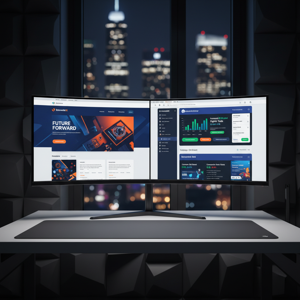 A large, ultra-wide curved monitor fills the frame, displaying a split-screen view of a custom website design on one side and targeted Facebook and Google ad campaigns on the other. Vibrant brand colors, crisp typography, and high-ROI metrics stand out sharply. The monitor sits on a minimalist white desk with a dark graphite surface pad, framed by geometric acoustic panels on a charcoal wall. Strong directional studio lighting from the left creates dramatic contrast and reflective highlights on the screen’s glossy surface. Captured from a slightly low angle, the composition feels powerful and immersive, with a subtle bokeh of illuminated city buildings outside. The mood is assertive, bold, and hyper-professional, in a photographic, high-contrast, modern marketing aesthetic.