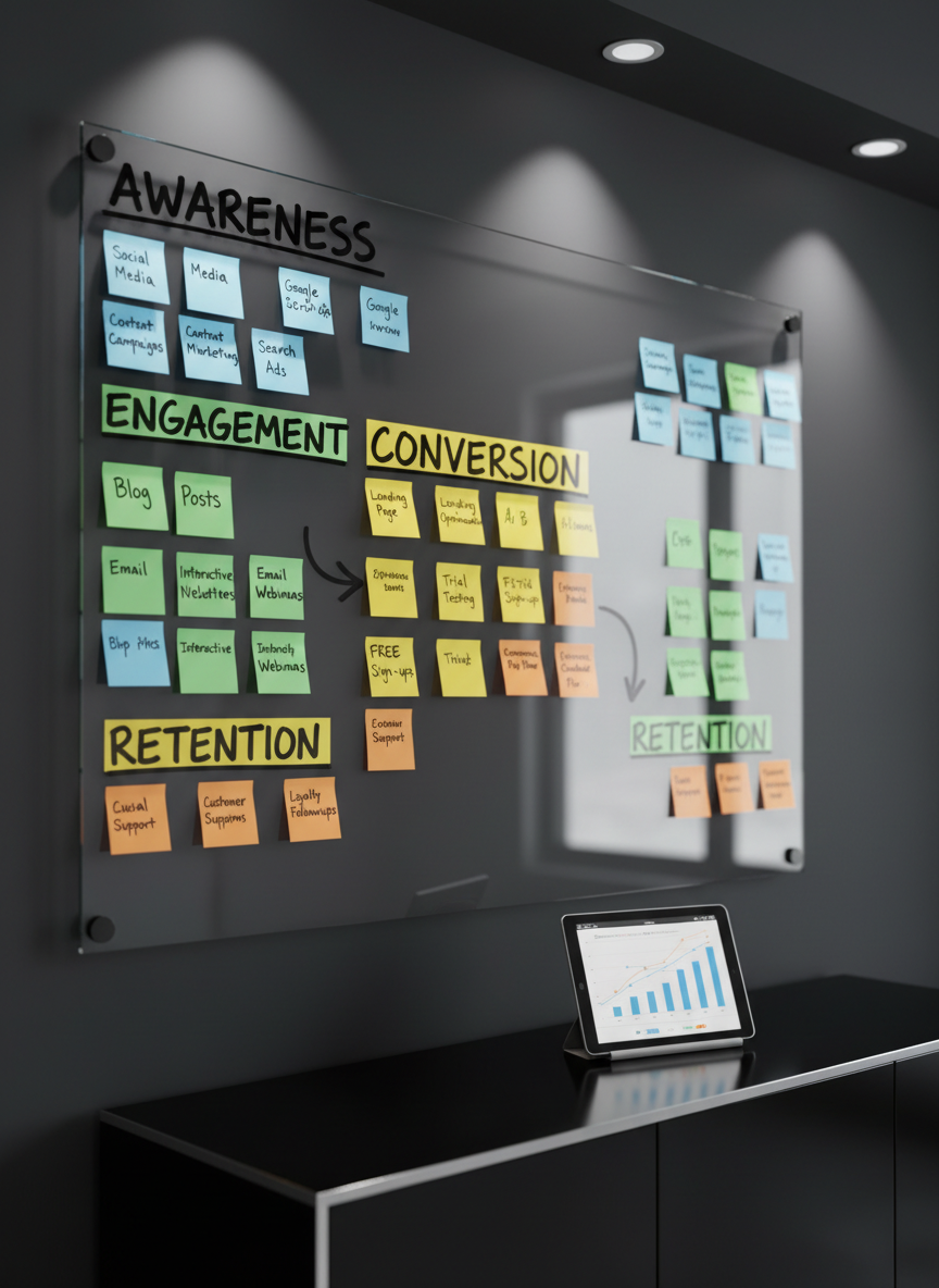 A large glass board mounted on a deep charcoal wall, covered with neatly arranged, color-coded sticky notes representing a full-funnel marketing strategy: awareness, engagement, conversion, and retention, each section labeled in bold marker. Arrows connect notes like “Facebook retargeting,” “Google search ads,” “landing page optimization,” and “social proof,” creating a clear, visual growth pathway. Below, a sleek black credenza supports a tablet streaming live ad performance charts. Overhead spotlights cast sharp beams of light that create high-contrast highlights on the glass and subtle reflections of the notes. Captured from a three-quarter angle with selective focus on the “conversion” area, the image feels strategic, bold, and intensely focused on growth, in a modern, photographic style.