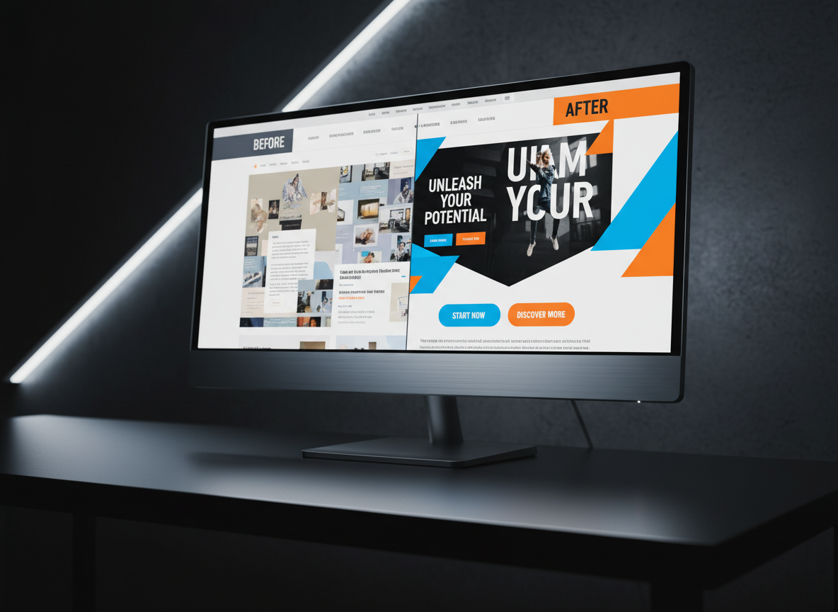 A dramatic close-up of a high-resolution computer screen showing a side-by-side comparison of a website homepage before and after a redesign. The “after” side bursts with bold typography, dynamic accent colors, clear calls-to-action, and a modern layout, while the “before” side appears muted and cluttered. The monitor’s slim metal bezel catches a streak of cool white LED light from a diagonal strip on a dark wall behind it. The desk below, barely visible, is matte black with a reflective edge that picks up subtle highlights. Shot from a tight, angled perspective with shallow depth of field, the composition focuses attention on transformation. The mood is decisive, results-oriented, and visually striking, rendered in crisp photographic realism.